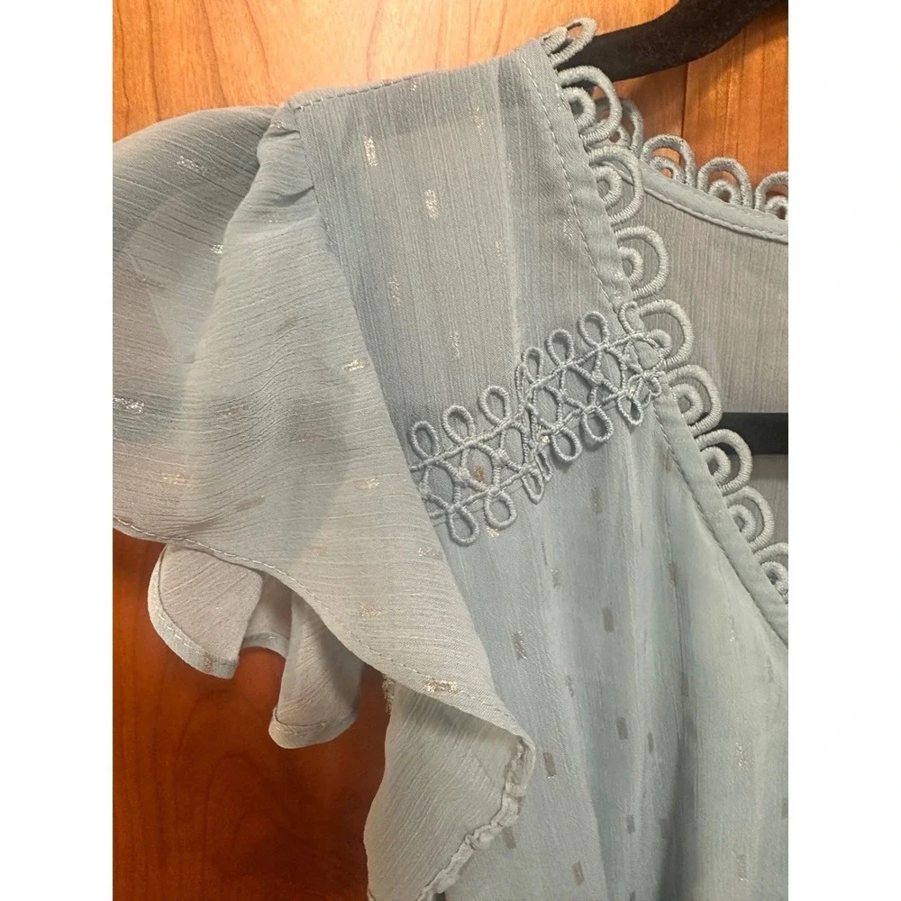 Sweet Wanderer Blue‎ Gold Metallic Clip Dot Crochet Lace Flutter Sleeve  Dress M
